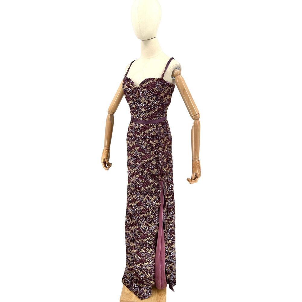 Vintage 90s Tosca New York Purple Gold Lace Silk Sequin Gown